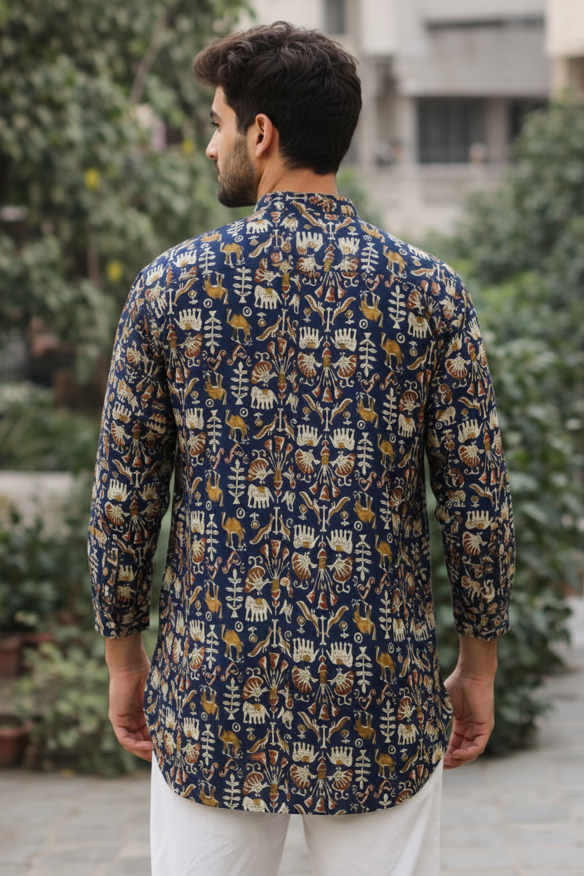 Men’s Navy Blue Printed Cotton Kurta – Premium Ethnic Wear