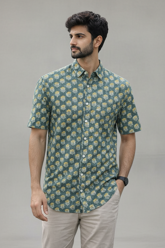 Men’s 100% Cotton Hand Block Printed Shirt – Natural Dyed Premium Casual Wear