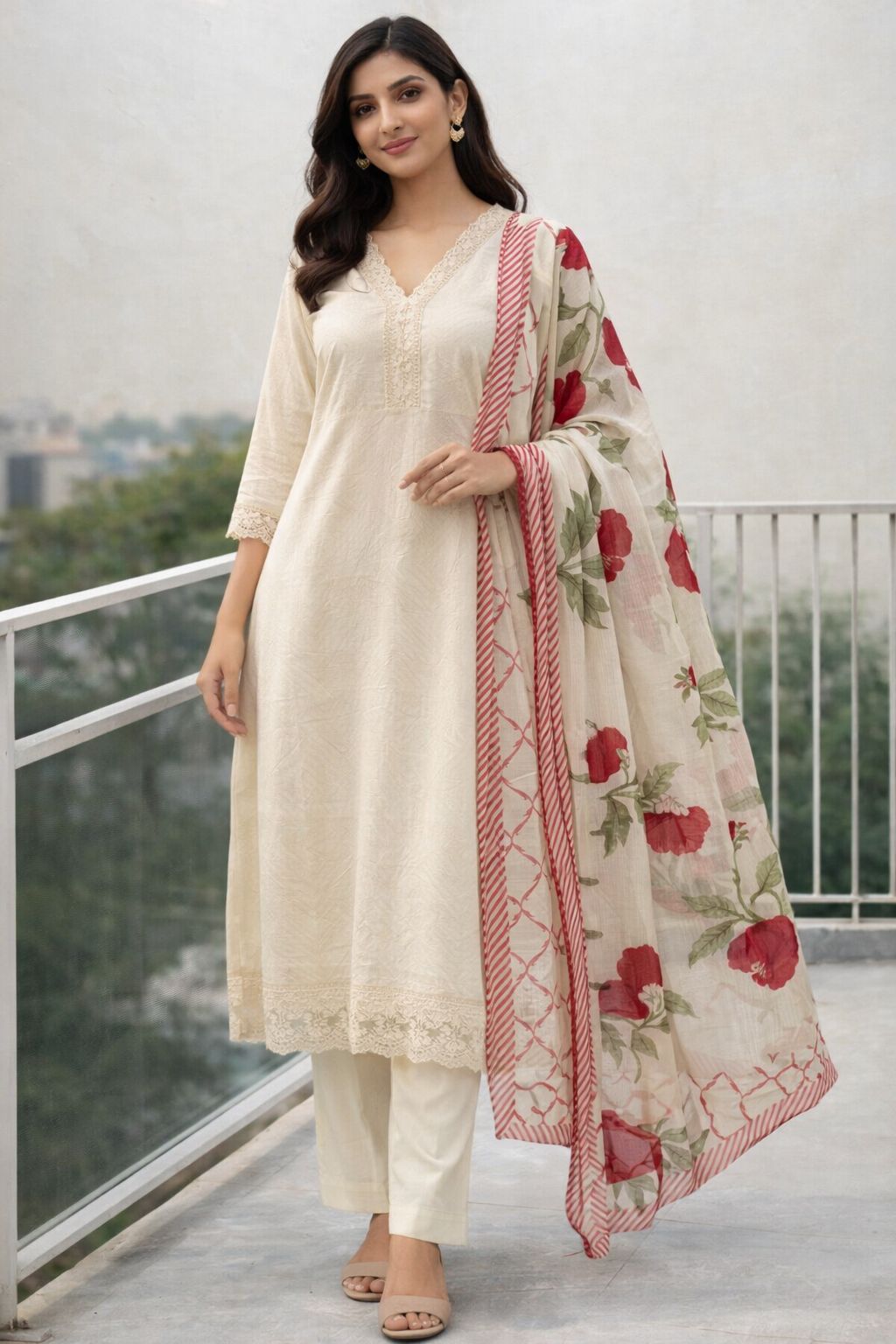 Women’s Cotton Kurti Set with Crosia Lace Work & Hand Screen Printed Dupatta | 3 Piece Suit