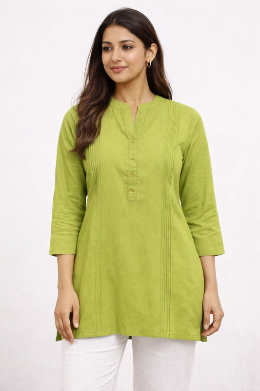 Women’s Green Cotton Short Kurti | Solid Casual Ethnic Top for Office & Daily Wear