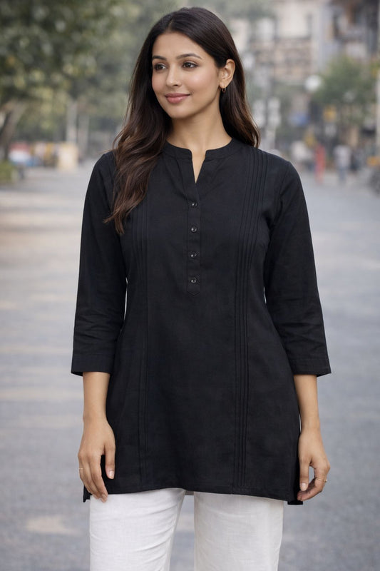 Women’s Black Cotton Short Kurti | Solid Casual Ethnic Top for Office & Daily Wear
