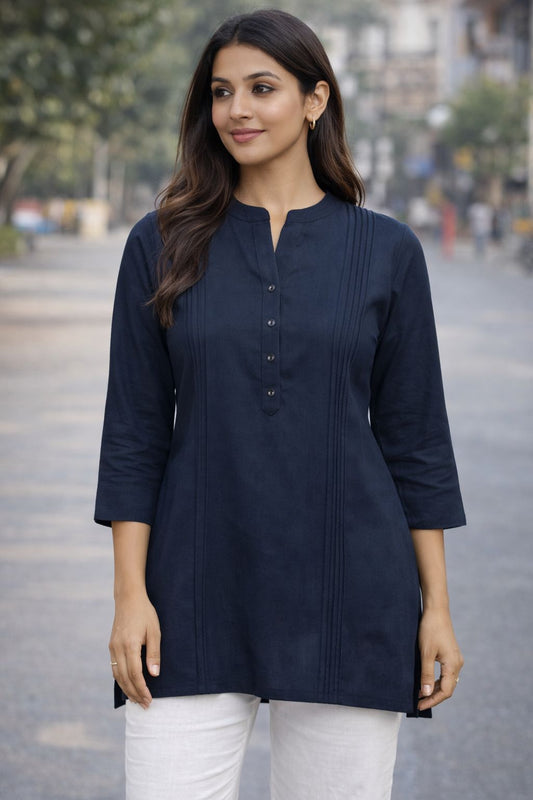 Women’s Blue Cotton Short Kurti | Solid Casual Ethnic Top for Office & Daily Wear