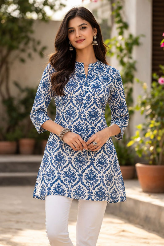 Women’s Indigo Cotton Short Kurti | Hand Block Inspired Printed Casual Ethnic Top
