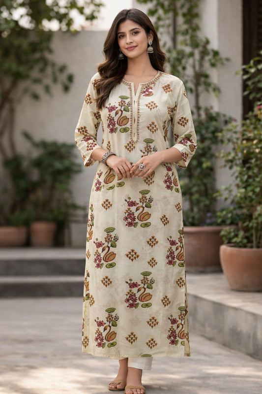 Women’s Beige Cotton Printed Long Kurti | Straight Fit Ethnic Floral Daily Wear Kurta for Women