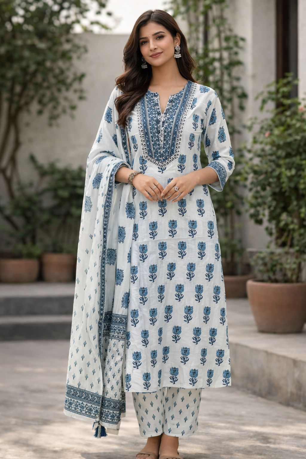 Women’s Blue & White Cotton Kurti Set with Dupatta | Printed Ethnic Suit for Daily & Summer Wear