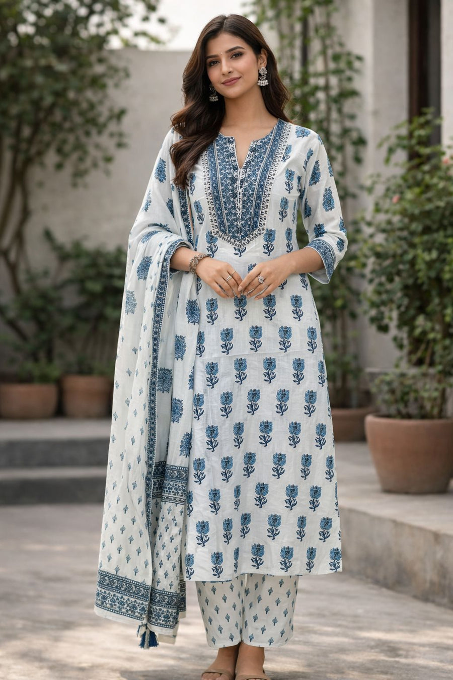 Women’s Blue & White Cotton Kurti Set with Dupatta | Printed Ethnic Suit for Daily & Summer Wear