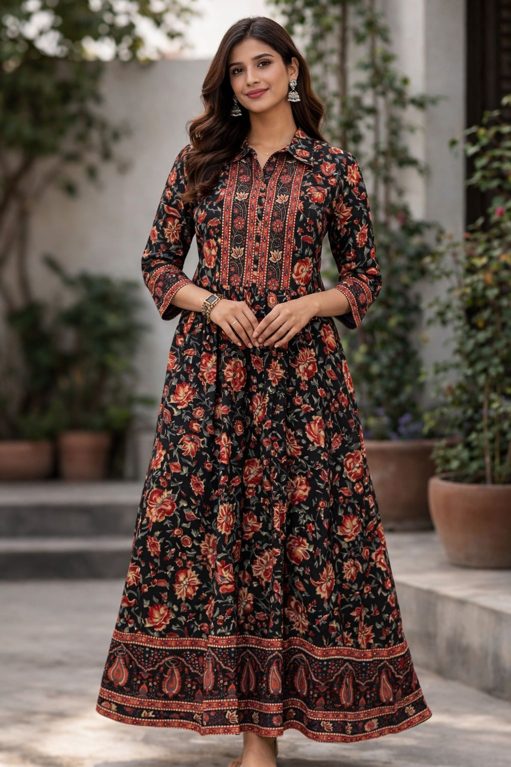 Women’s Black Floral Printed Long Maxi Dress | Cotton Ethnic Anarkali Style Party & Casual Wear
