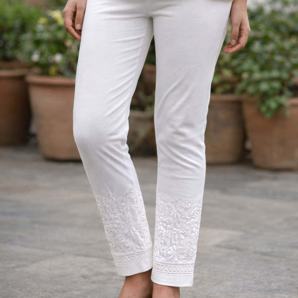 Women’s Stretchable Cotton Chikankari Pant | Free Size Elastic Waist Ethnic Bottom | White Embroidered Straight Fit Trouser