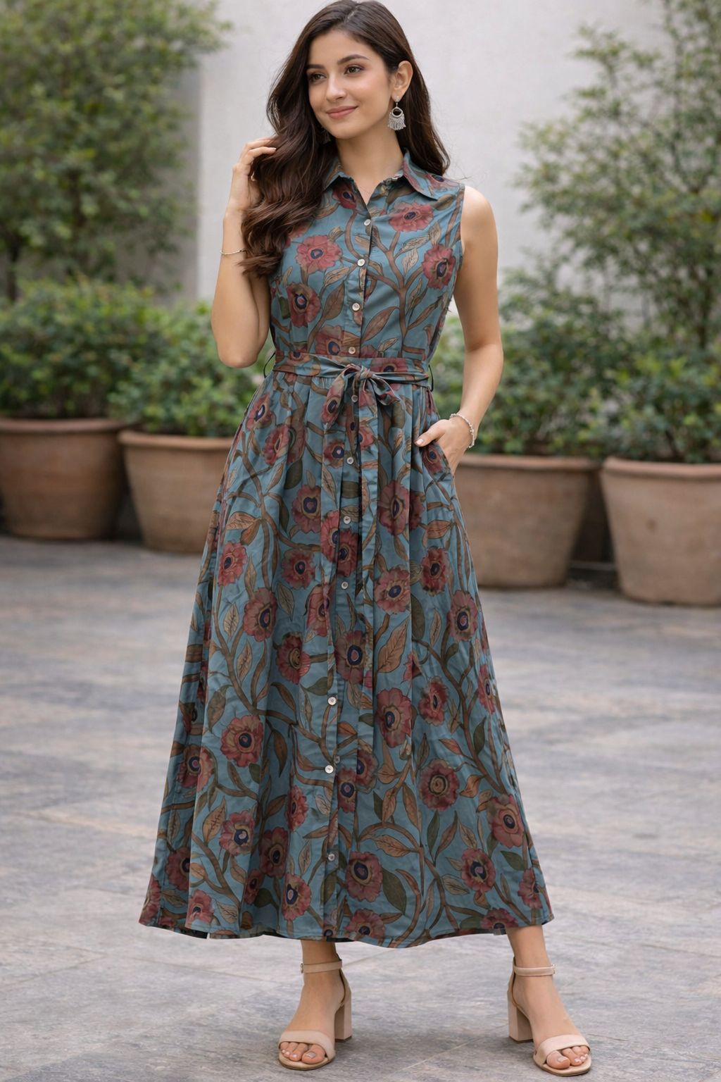 Women’s Floral Printed Sleeveless Maxi Dress with Belt – Fit & Flare Button Down Long Summer Dress