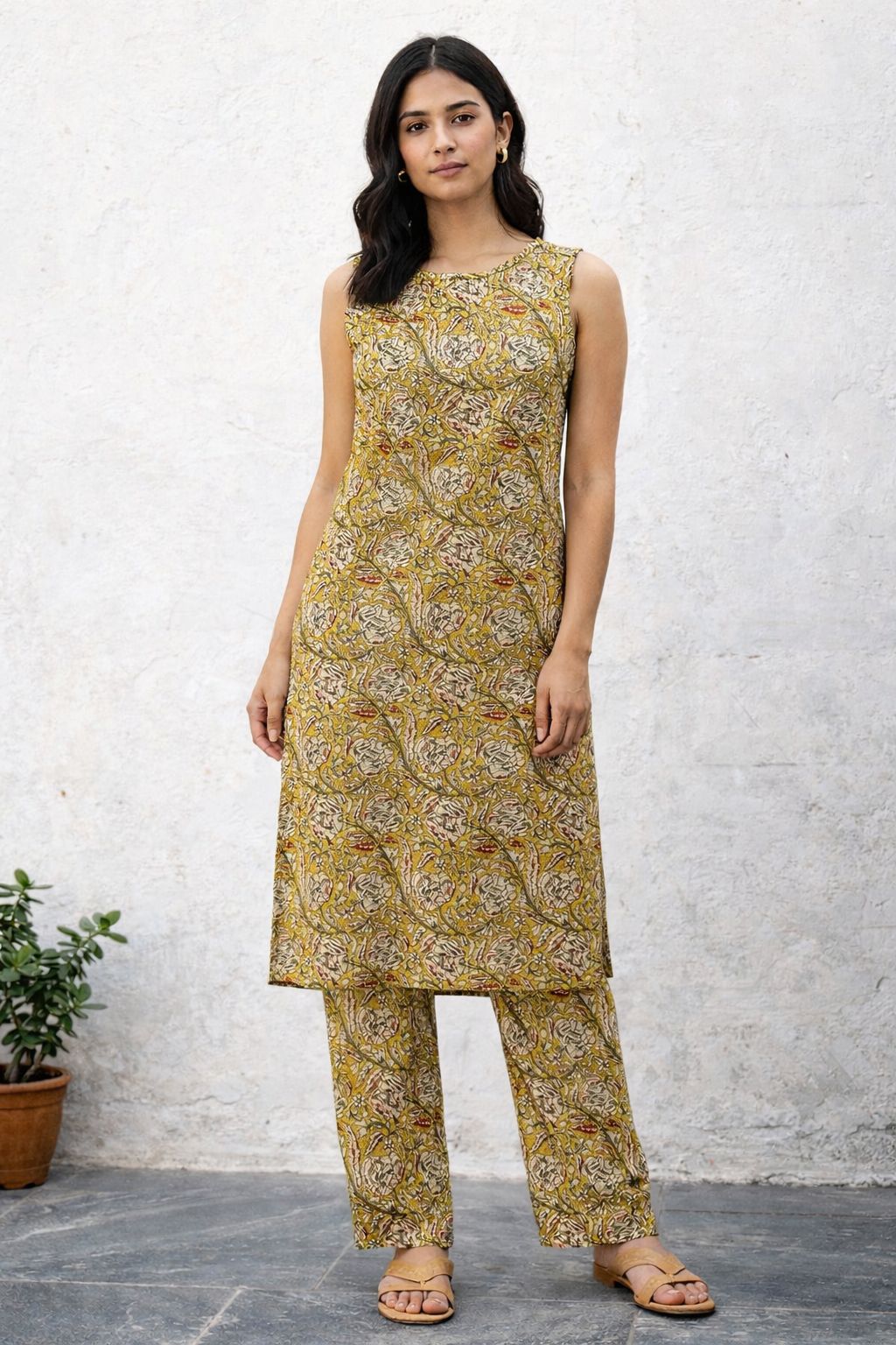 Women’s Kalamkari Cotton Co-Ord Set with Pockets | Sleeveless Kurta & Pant Set | Handcrafted Print