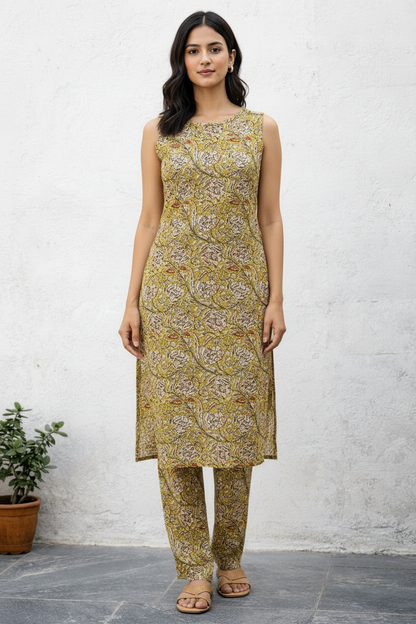 Women’s Kalamkari Cotton Co-Ord Set with Pockets | Sleeveless Kurta & Pant Set | Handcrafted Print