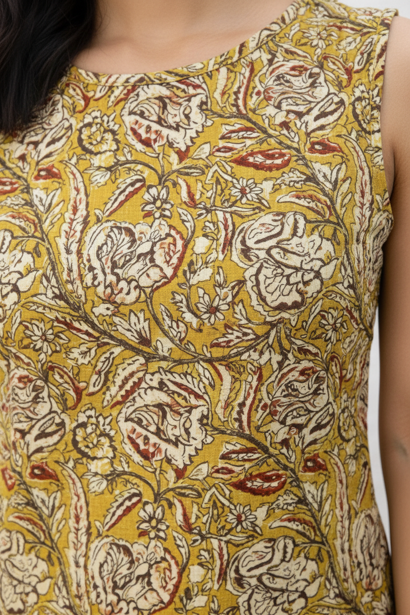 Women’s Kalamkari Cotton Co-Ord Set with Pockets | Sleeveless Kurta & Pant Set | Handcrafted Print