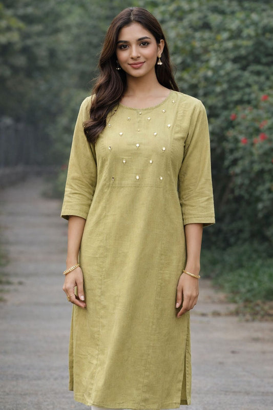Women’s Olive Green Cotton Kurti | Straight Fit 3/4 Sleeve Ethnic Kurta for Daily & Office Wear