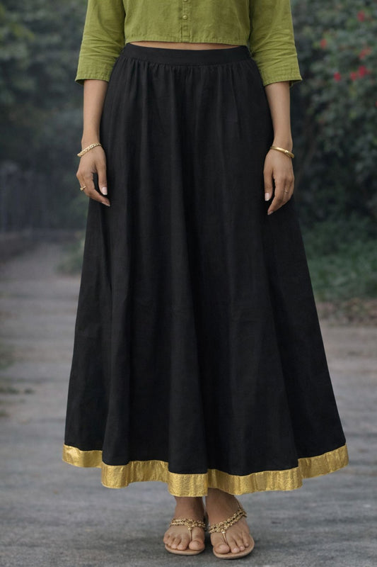 Women’s Black Cotton Flared Maxi Skirt with Golden Border | Long Ethnic Festive Skirt for Party & Traditional Wear