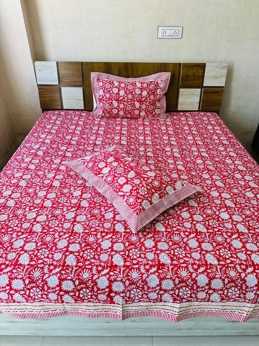 Pure Cotton Handblock Printed Double Bedsheet 108x108 Inches with 2 Pillow Covers – King Size Soft Breathable Floral Bed Sheet