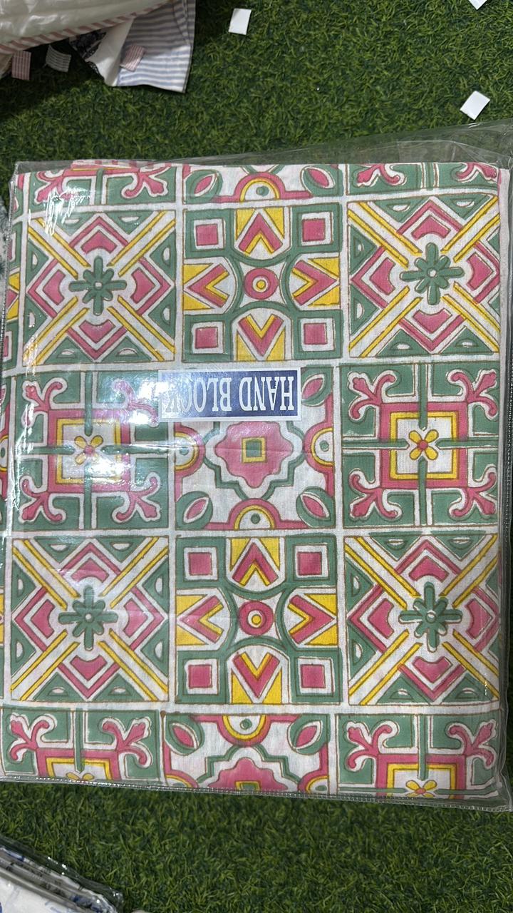 Pure Cotton Handblock Printed Double Bedsheet 108x108 Inches with 2 Pillow Covers – King Size Soft Breathable Geometric Bed Sheet