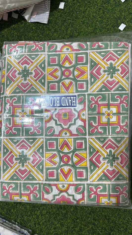 Pure Cotton Handblock Printed Double Bedsheet 108x108 Inches with 2 Pillow Covers – King Size Soft Breathable Geometric Bed Sheet