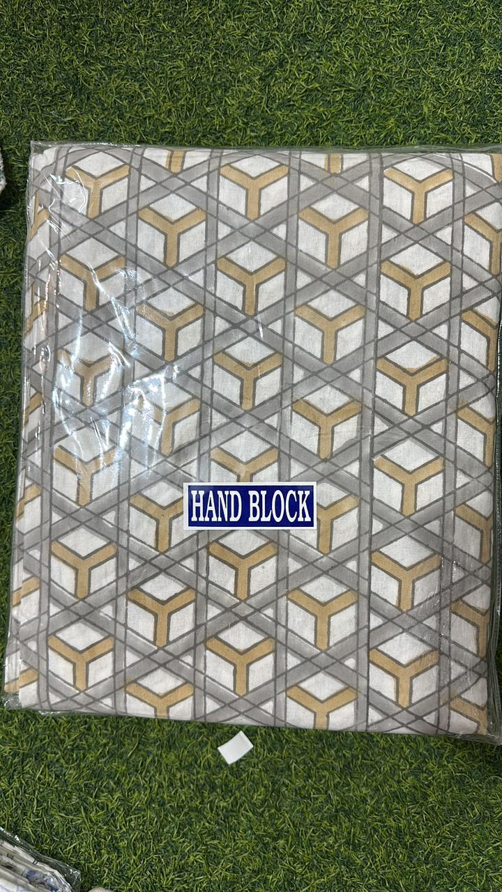 Pure Cotton Handblock Printed Double Bedsheet 108x108 Inches with 2 Pillow Covers – King Size Soft Breathable Geometric Bed Sheet