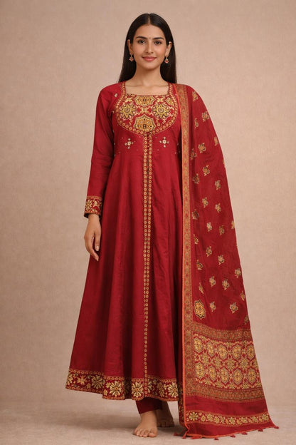 Women’s 100% Cotton Ajrakh Print Kurti Set with Dupatta – Ethnic Anarkali Style Festive Wear Suit