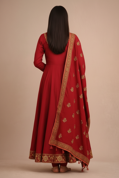 Women’s 100% Cotton Ajrakh Print Kurti Set with Dupatta – Ethnic Anarkali Style Festive Wear Suit