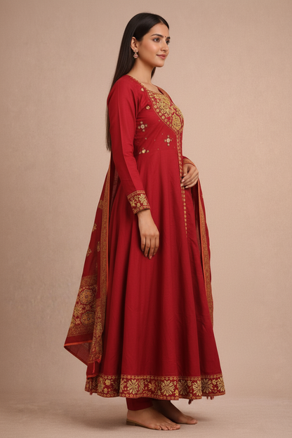 Women’s 100% Cotton Ajrakh Print Kurti Set with Dupatta – Ethnic Anarkali Style Festive Wear Suit