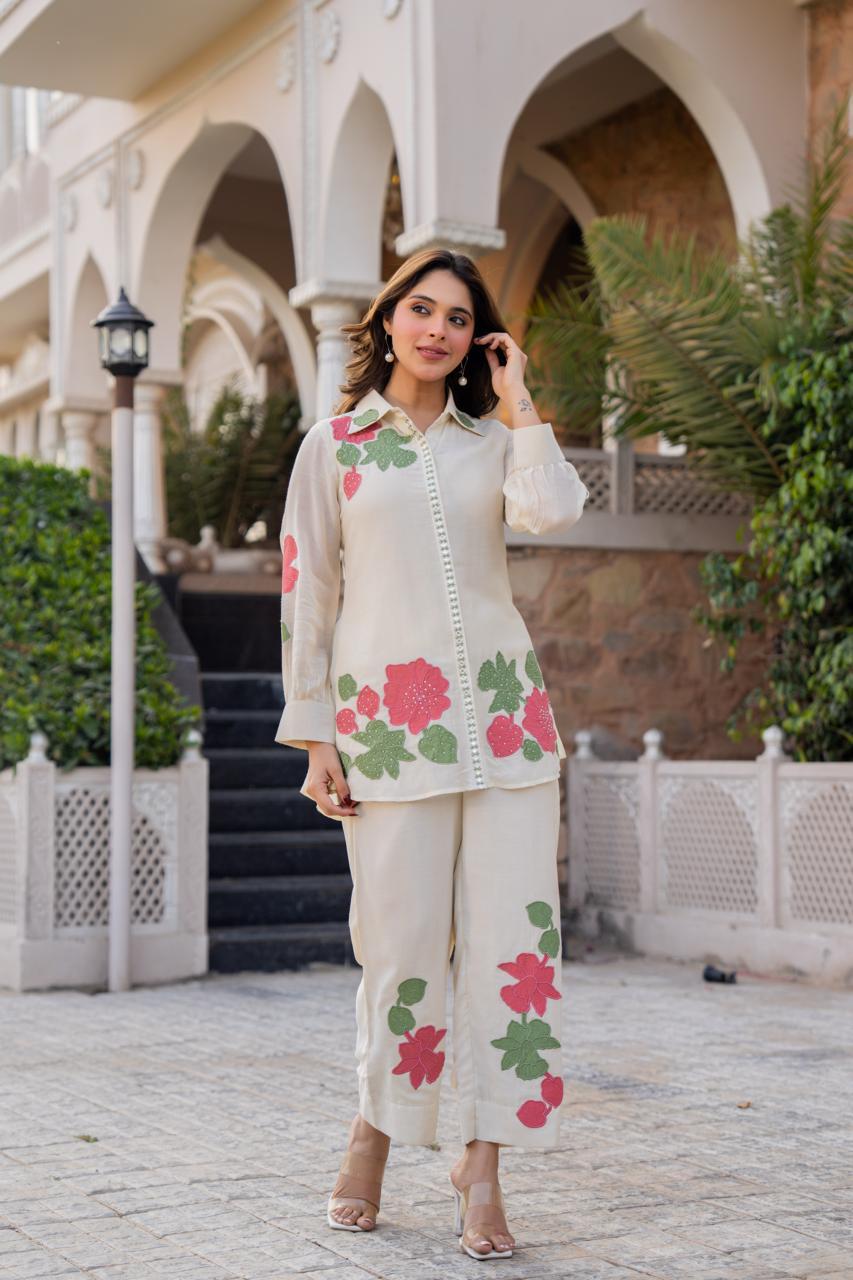 Women’s Mal Cotton Co-Ord Set with Lining – Embroidered & Patch Work Top and Pant Set, Casual Ethnic Wear