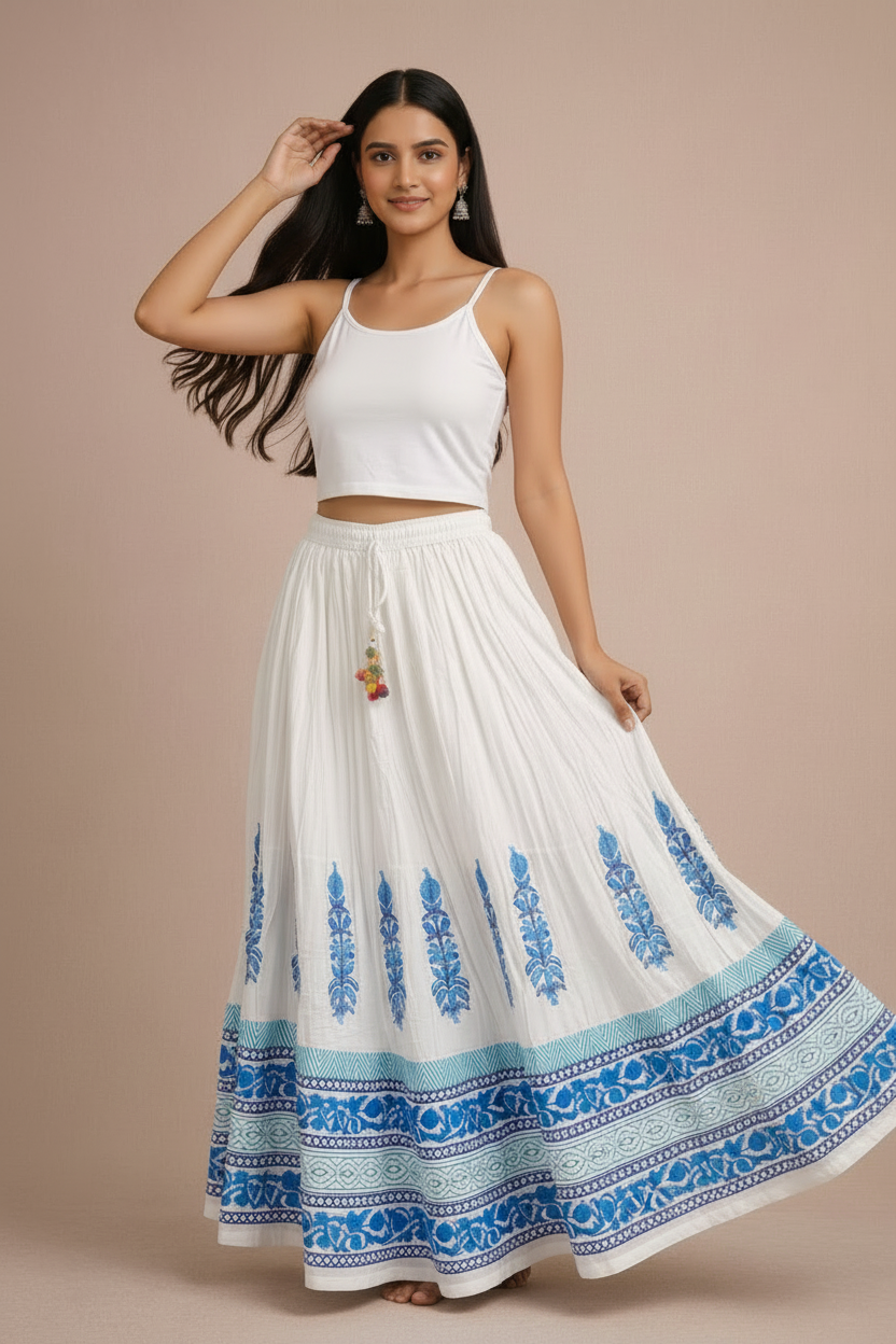 Women’s Mal Cotton Hand Block Printed Long Skirt with Lining – Ethnic Flared Maxi Skirt for Festive & Casual Wear
