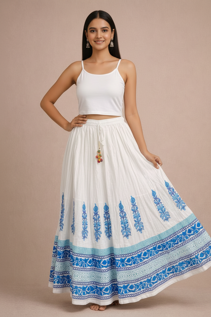 Women’s Mal Cotton Hand Block Printed Long Skirt with Lining – Ethnic Flared Maxi Skirt for Festive & Casual Wear