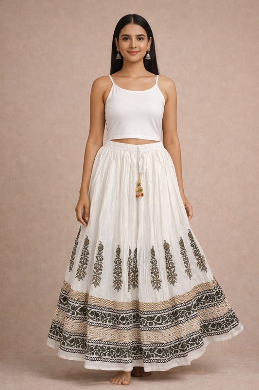 Women’s Mal Cotton Hand Block Printed Maxi Skirt with Lining – Ethnic Flared Long Skirt for Festive & Casual Wear