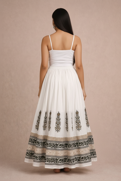 Women’s Mal Cotton Hand Block Printed Maxi Skirt with Lining – Ethnic Flared Long Skirt for Festive & Casual Wear