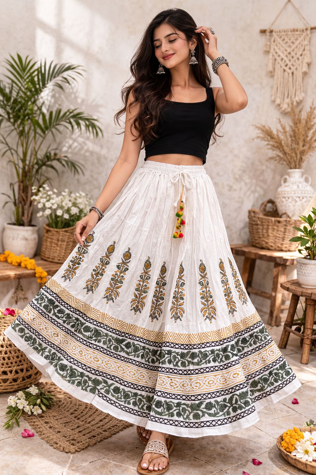 Women’s Mal Cotton Hand Block Printed Maxi Skirt with Lining – Flared Ethnic Long Skirt for Festive & Casual Wear