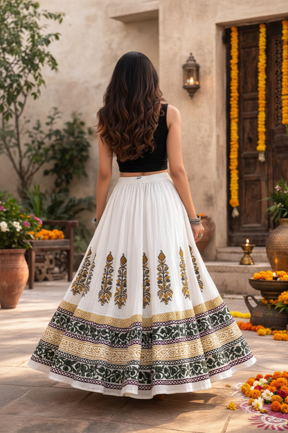 Women’s Mal Cotton Hand Block Printed Maxi Skirt with Lining – Flared Ethnic Long Skirt for Festive & Casual Wear