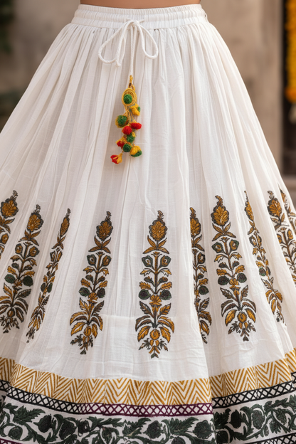 Women’s Mal Cotton Hand Block Printed Maxi Skirt with Lining – Flared Ethnic Long Skirt for Festive & Casual Wear