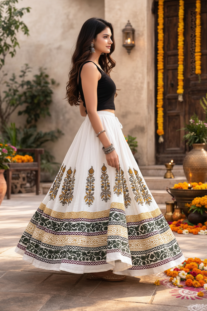 Women’s Mal Cotton Hand Block Printed Maxi Skirt with Lining – Flared Ethnic Long Skirt for Festive & Casual Wear