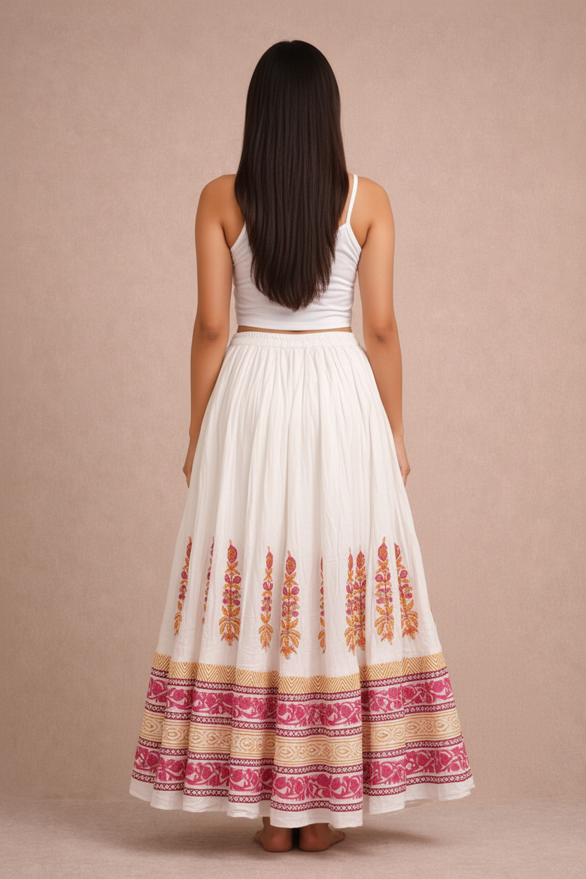 Women’s Mal Cotton Hand Block Printed Maxi Skirt with Lining – Flared Ethnic Long Skirt for Festive & Casual Wear