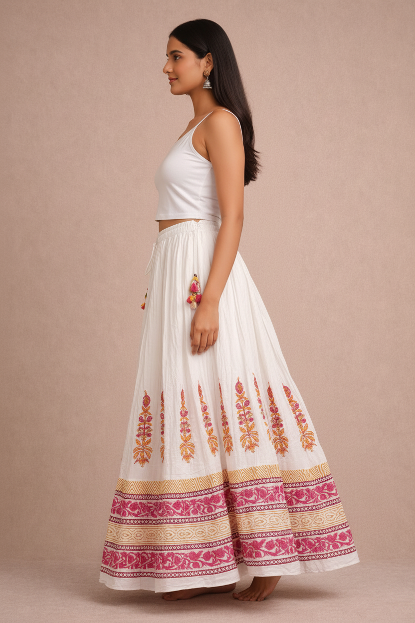 Women’s Mal Cotton Hand Block Printed Maxi Skirt with Lining – Flared Ethnic Long Skirt for Festive & Casual Wear