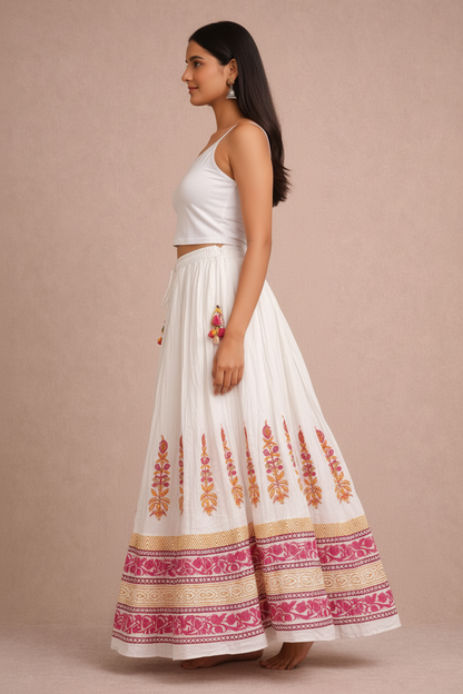 Women’s Mal Cotton Hand Block Printed Maxi Skirt with Lining – Flared Ethnic Long Skirt for Festive & Casual Wear