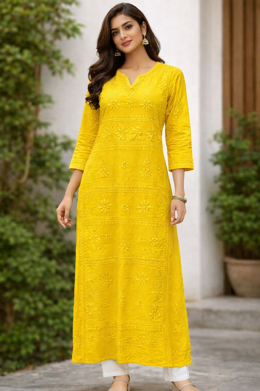 Women’s Cotton Chikankari Embroidered Kurti – Yellow Straight Ethnic Long Kurta for Festive & Daily Wear