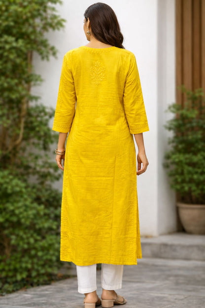 Women’s Cotton Chikankari Embroidered Kurti – Yellow Straight Ethnic Long Kurta for Festive & Daily Wear