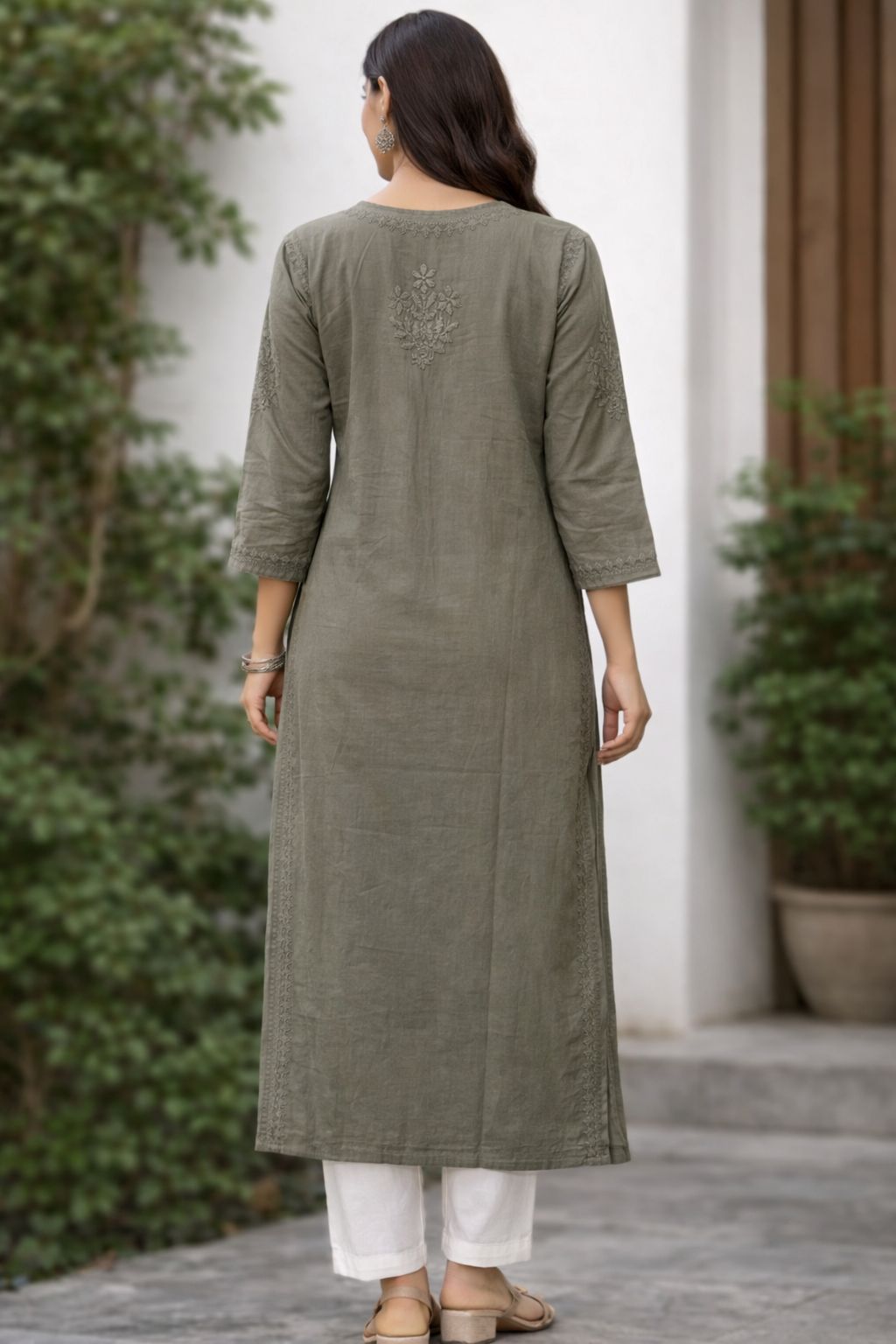 Women’s Cotton Chikankari Embroidered Long Kurti – Olive Straight Ethnic Kurta for Office & Festive Wear