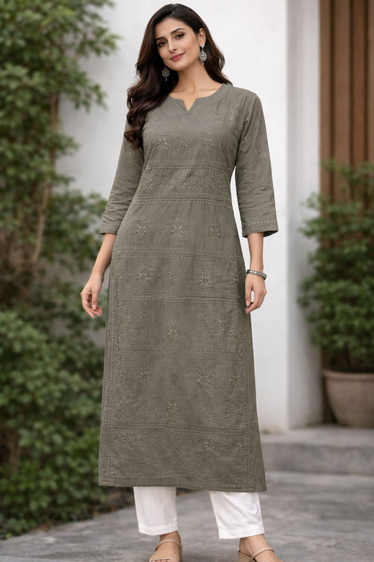 Women’s Cotton Chikankari Embroidered Long Kurti – Olive Straight Ethnic Kurta for Office & Festive Wear