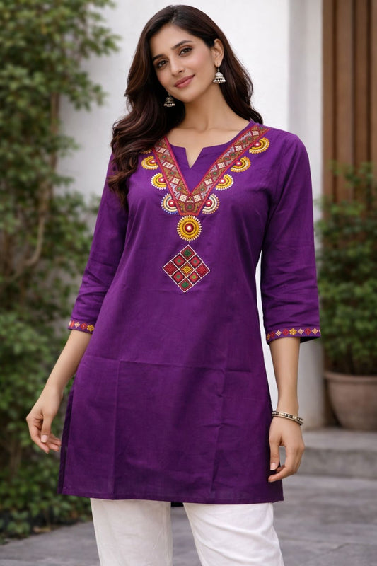 Women’s Modal Silk Embroidered Short Kurti – Purple Ethnic Top for Festive & Party Wear