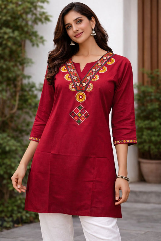 Women’s Modal Silk Embroidered Short Kurti – Red Ethnic Top for Festive, Party & Occasion Wear