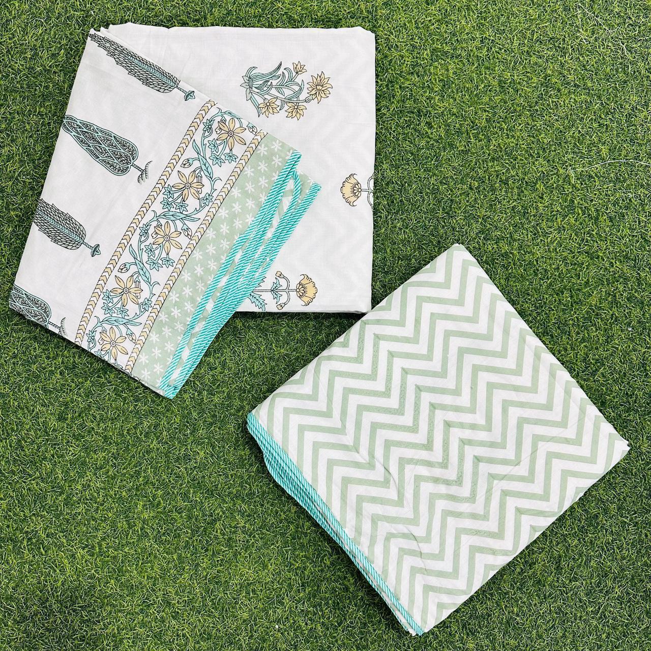 Single Bed 3-Layered Cotton Dohar with Hand Block Floral & Chevron Print – Green