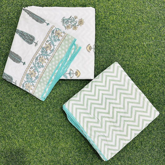 Single Bed 3-Layered Cotton Dohar with Hand Block Floral & Chevron Print – Green