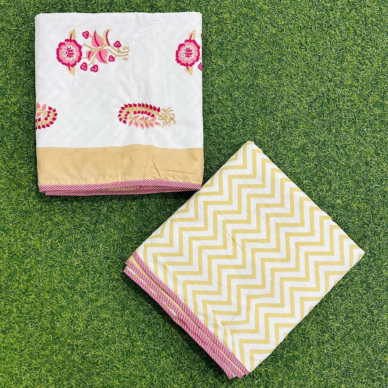 Single Bed 3-Layered Cotton Dohar with Hand Block Floral & Chevron Print – Yellow