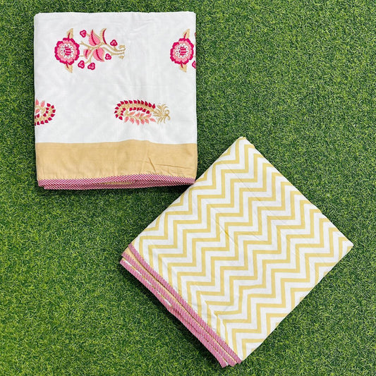 Single Bed 3-Layered Cotton Dohar with Hand Block Floral & Chevron Print – Yellow