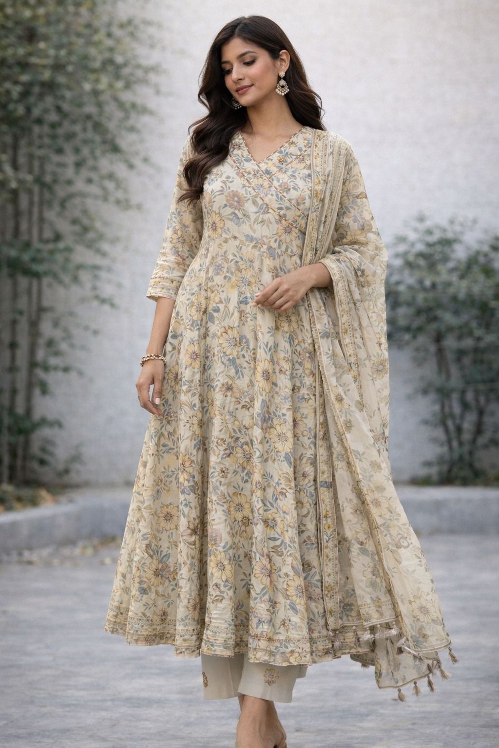 Cream Floral Print Muslin Kurti Set with Dupatta