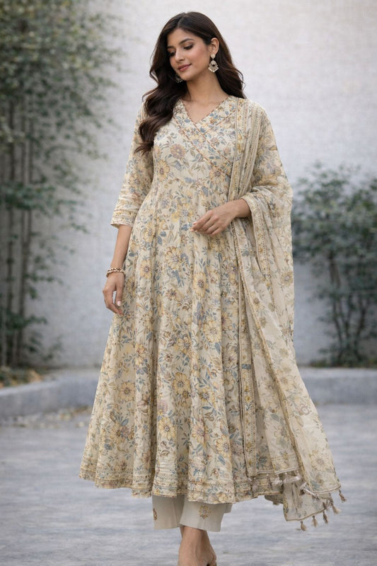 Cream Floral Print Muslin Kurti Set with Dupatta