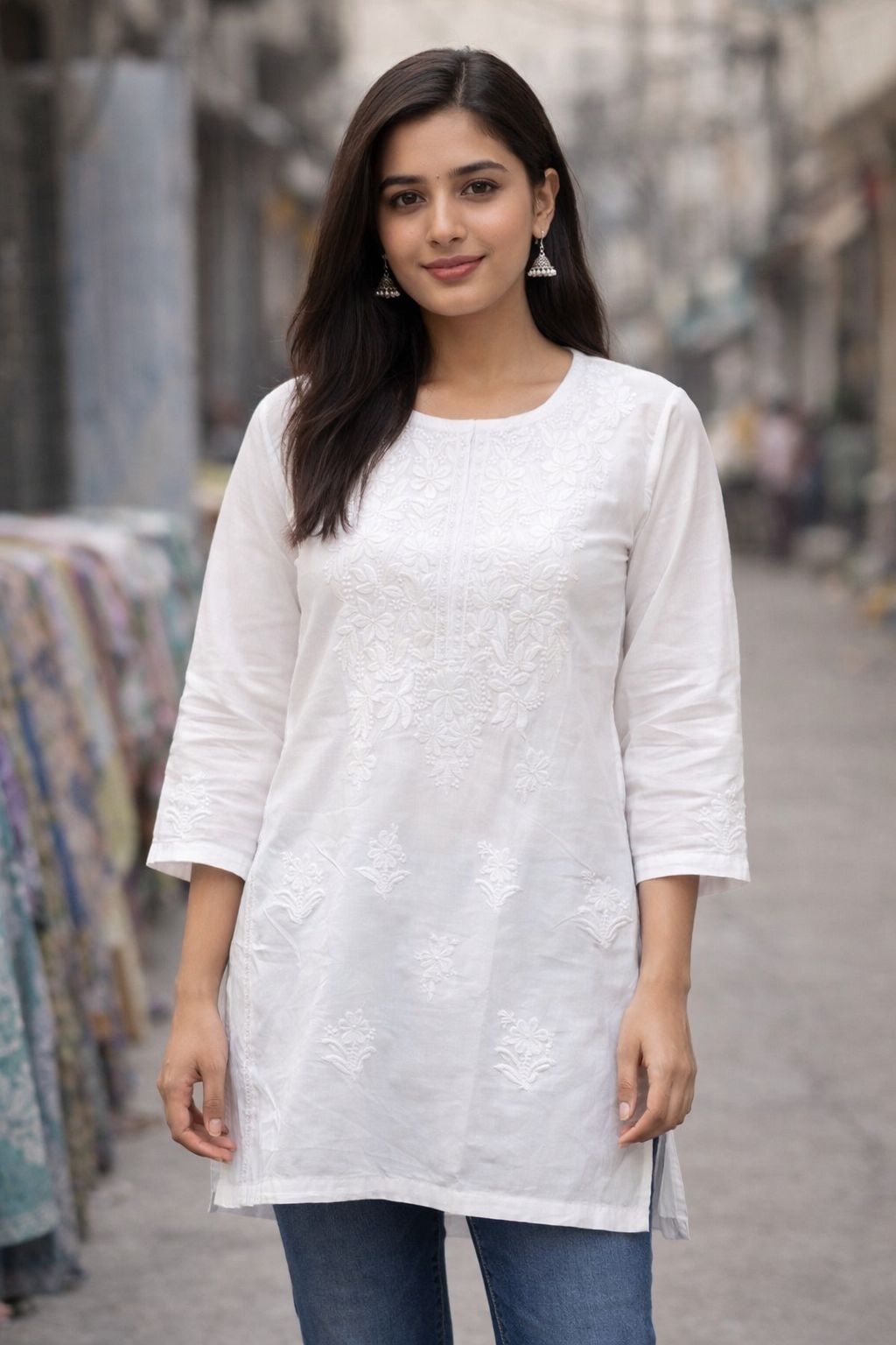 White Cotton Chikankari Kurta with Delicate Embroidery